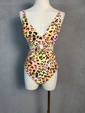 Bar III  Women's Leopard Print One-Piece Swimsuit With Ring Detail Size XL NWT's